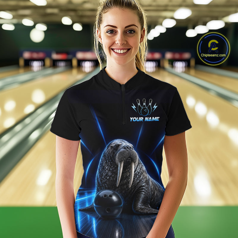 Neon Blue Walrus Bowling Shirt for Women Bowling Jersey Polo & Quarter-Zip Outfit QZT1061