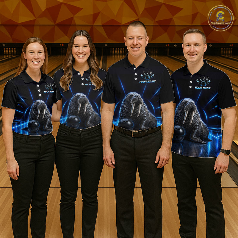 Four people wearing matching polo shirts with a bear graphic on a bowling alley.