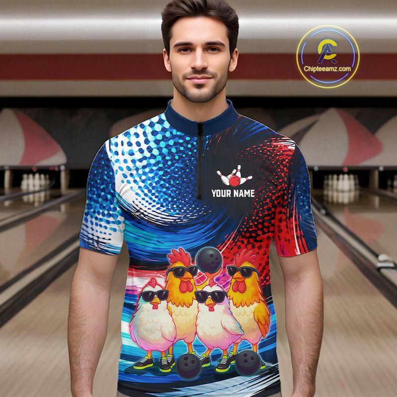 Custom Bowling Team of Four Shirts Funny Chicken Bowling Jersey US Flag Polo & 1/4-Zip QZT1241