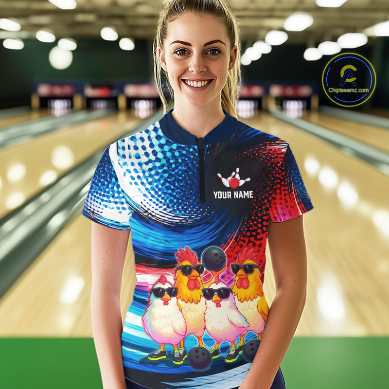 Custom Bowling Team of Four Shirts Funny Chicken Bowling Jersey US Flag Polo & 1/4-Zip QZT1241
