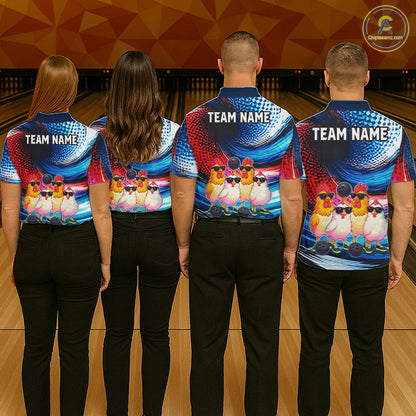 Custom Bowling Team of Four Shirts Funny Chicken Bowling Jersey US Flag Polo & 1/4-Zip QZT1241