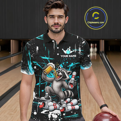 Custom Turquoise Raccoon and Beer Bowling Team Shirt for Men Funny Bowling League Jersey QZT1380