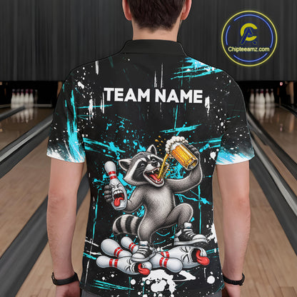 Custom Turquoise Raccoon and Beer Bowling Team Shirt for Men Funny Bowling League Jersey QZT1380