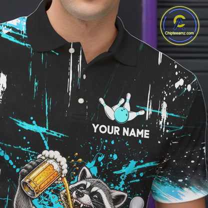 Custom Turquoise Raccoon and Beer Bowling Team Shirt for Men Funny Bowling League Jersey QZT1380