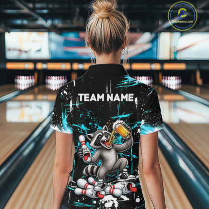 Custom Turquoise Raccoon and Beer Bowling Team Shirt for Women Funny Bowling League Jersey QZT1380