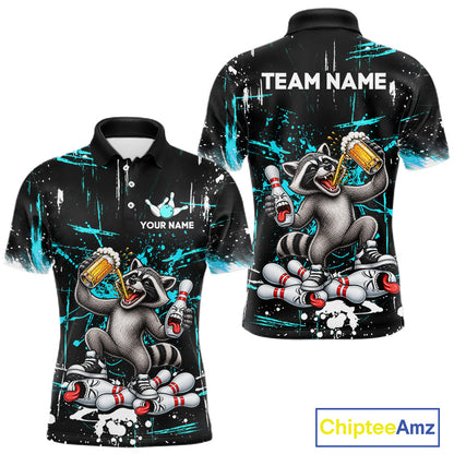 Custom Turquoise Raccoon and Beer Bowling Team Shirt for Men Funny Bowling League Jersey QZT1380