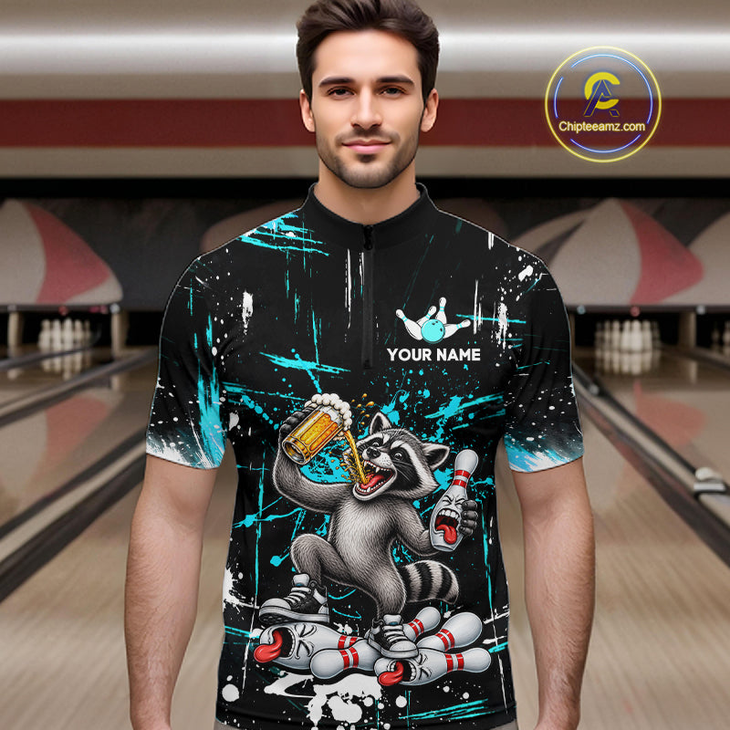 Custom Turquoise Raccoon and Beer Bowling Team Shirt for Men Funny Bowling League Jersey QZT1380