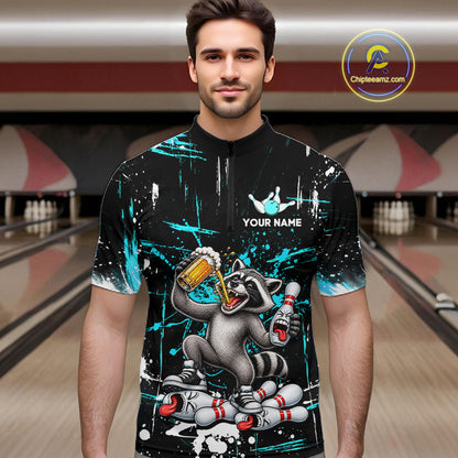 Custom Turquoise Raccoon and Beer Bowling Team Shirt for Men Funny Bowling League Jersey QZT1380