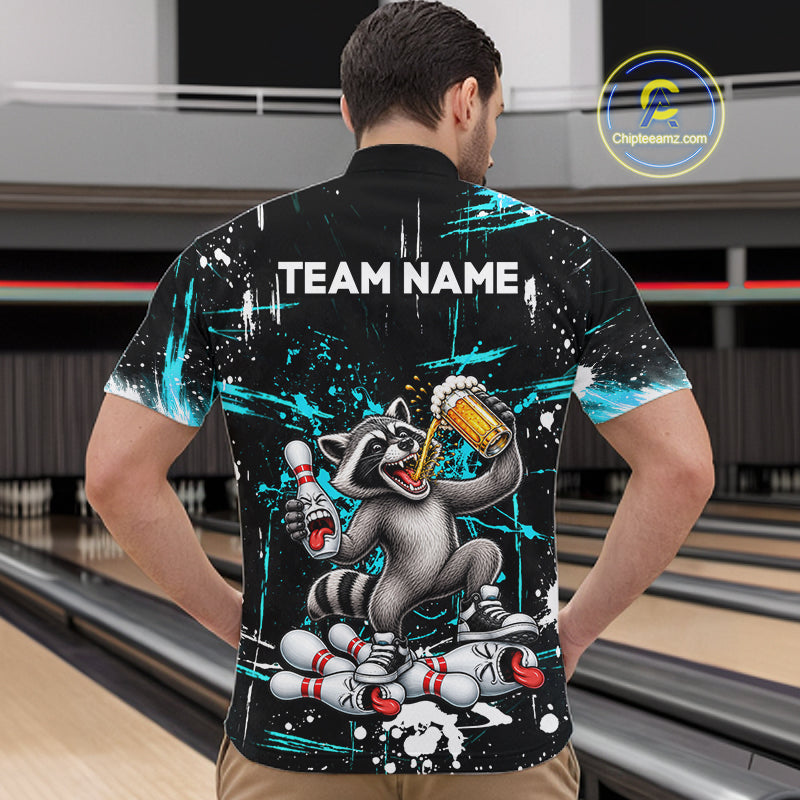 Custom Turquoise Raccoon and Beer Bowling Team Shirt for Men Funny Bowling League Jersey QZT1380