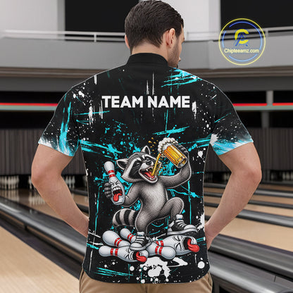 Custom Turquoise Raccoon and Beer Bowling Team Shirt for Men Funny Bowling League Jersey QZT1380
