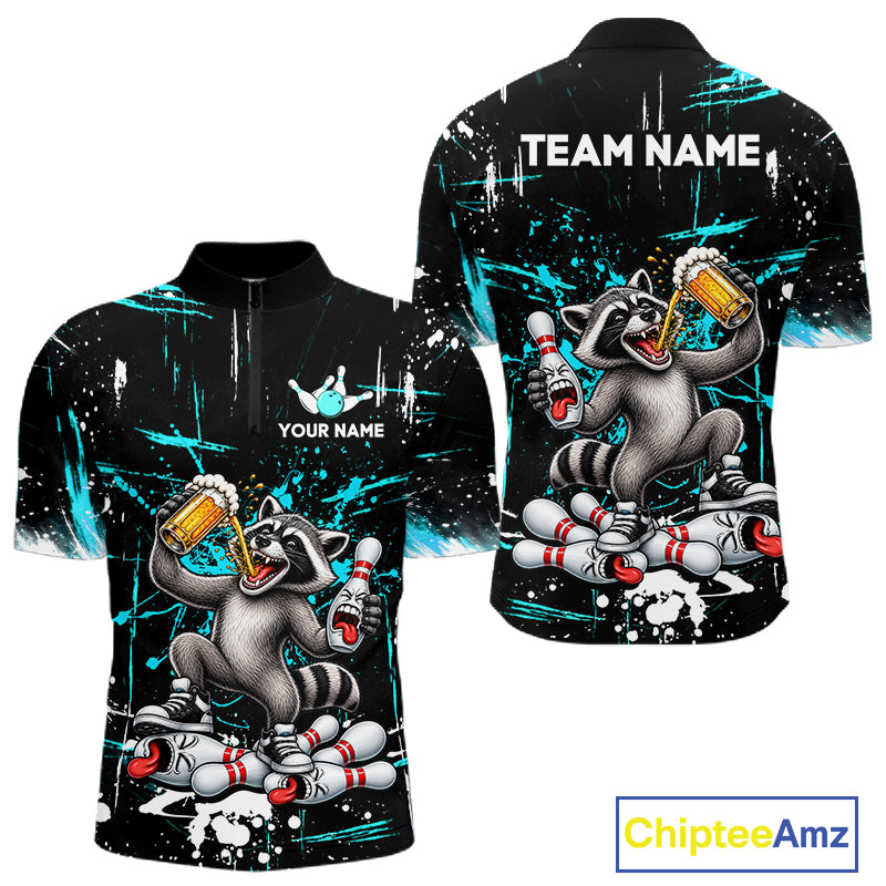 Custom Turquoise Raccoon and Beer Bowling Team Shirt for Men Funny Bowling League Jersey QZT1380