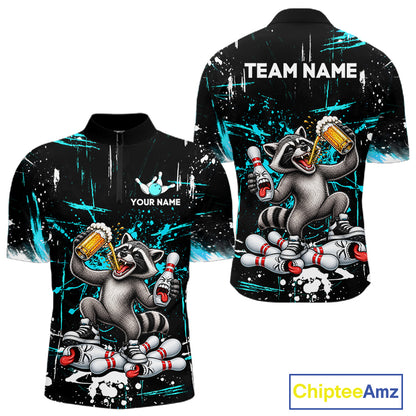 Custom Turquoise Raccoon and Beer Bowling Team Shirt for Men Funny Bowling League Jersey QZT1380