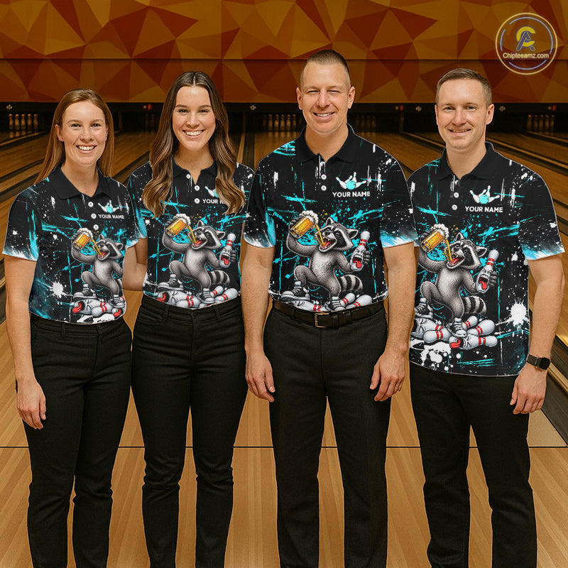 Custom Turquoise Raccoon and Beer Bowling Team Shirt for Men Funny Bowling League Jersey QZT1380