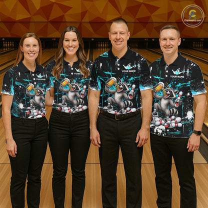 Custom Turquoise Raccoon and Beer Bowling Team Shirt for Men Funny Bowling League Jersey QZT1380