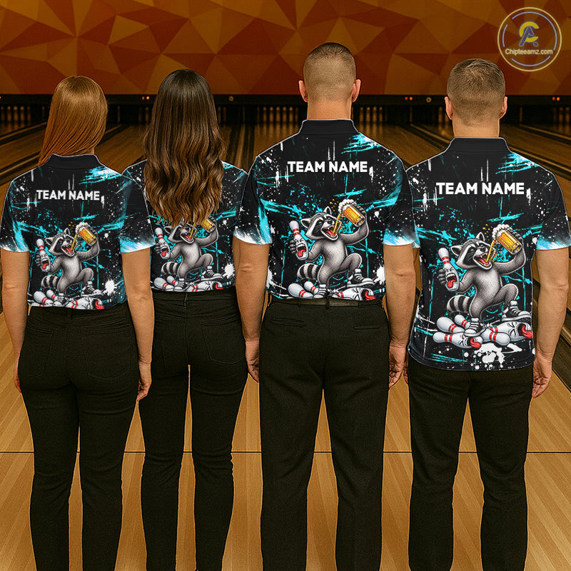 Custom Turquoise Raccoon and Beer Bowling Team Shirt for Men Funny Bowling League Jersey QZT1380