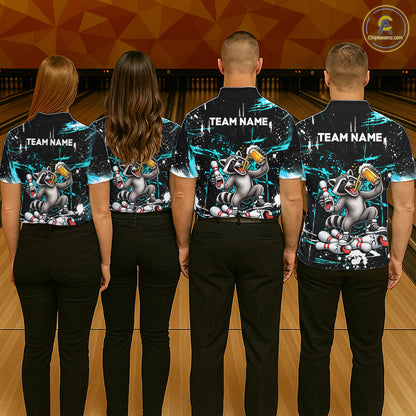 Custom Turquoise Raccoon and Beer Bowling Team Shirt for Men Funny Bowling League Jersey QZT1380