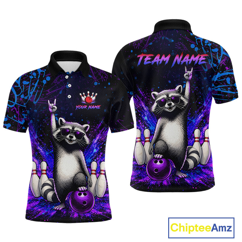 Custom Purple and Blue Funny Raccoon Bowling Shirt for Men Bowling League Jersey Polo & 1/4 Zip QZT1381