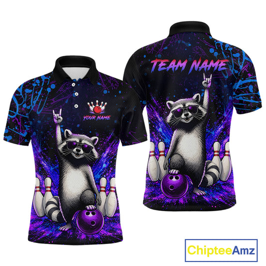 Custom Purple and Blue Funny Raccoon Bowling Shirt for Men Bowling League Jersey Polo & 1/4 Zip QZT1381