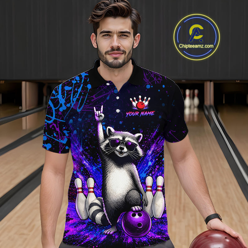 Custom Purple and Blue Funny Raccoon Bowling Shirt for Men Bowling League Jersey Polo & 1/4 Zip QZT1381