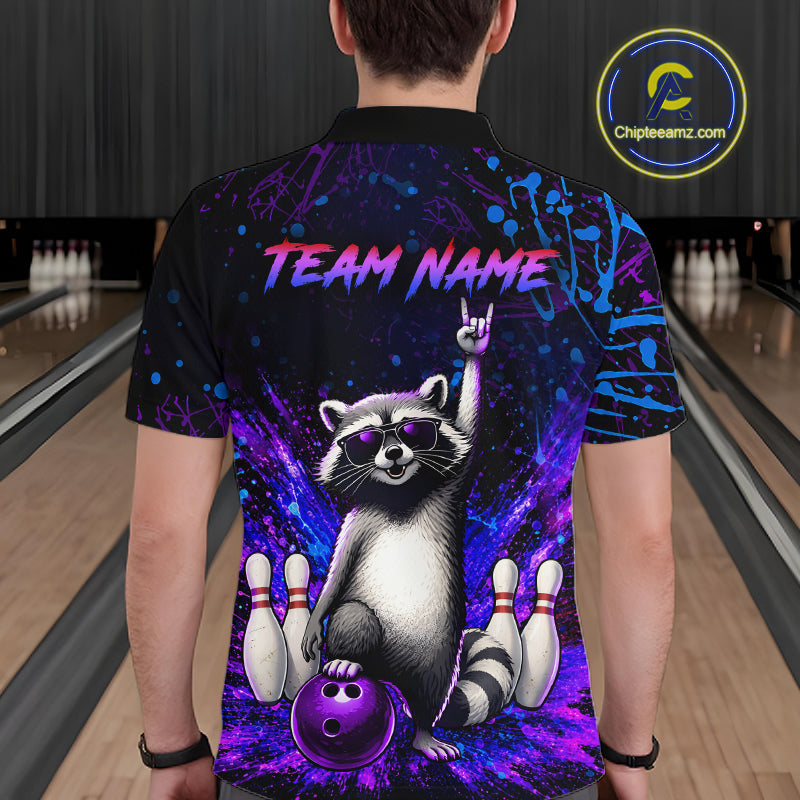 Custom Purple and Blue Funny Raccoon Bowling Shirt for Men Bowling League Jersey Polo & 1/4 Zip QZT1381