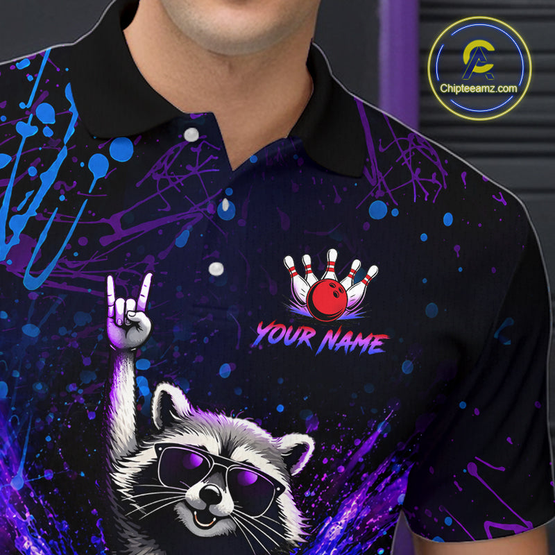 Custom Purple and Blue Funny Raccoon Bowling Shirt for Men Bowling League Jersey Polo & 1/4 Zip QZT1381