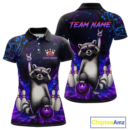 Custom Purple and Blue Funny Raccoon Bowling Shirt for Women Bowling League Jersey Polo & 1/4 Zip QZT1381