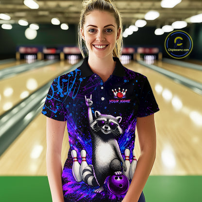 Custom Purple and Blue Funny Raccoon Bowling Shirt for Women Bowling League Jersey Polo & 1/4 Zip QZT1381