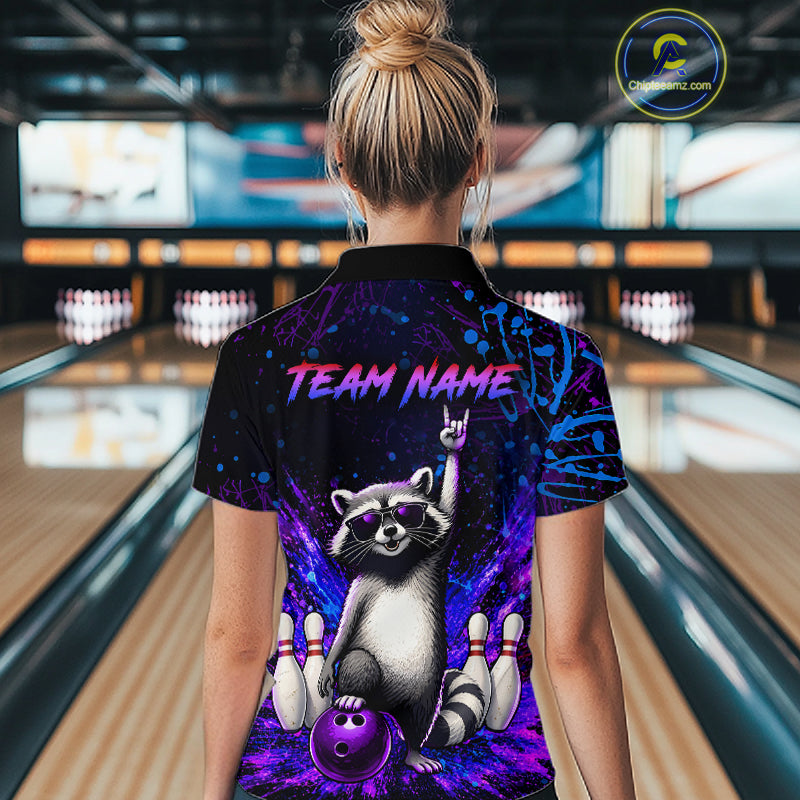 Custom Purple and Blue Funny Raccoon Bowling Shirt for Women Bowling League Jersey Polo & 1/4 Zip QZT1381