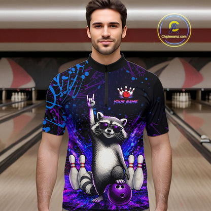 Custom Purple and Blue Funny Raccoon Bowling Shirt for Men Bowling League Jersey Polo & 1/4 Zip QZT1381
