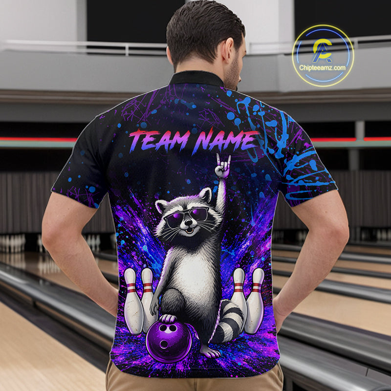 Custom Purple and Blue Funny Raccoon Bowling Shirt for Men Bowling League Jersey Polo & 1/4 Zip QZT1381