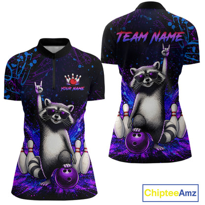 Custom Purple and Blue Funny Raccoon Bowling Shirt for Women Bowling League Jersey Polo & 1/4 Zip QZT1381