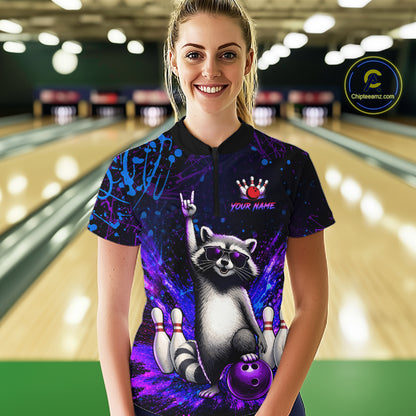 Custom Purple and Blue Funny Raccoon Bowling Shirt for Women Bowling League Jersey Polo & 1/4 Zip QZT1381