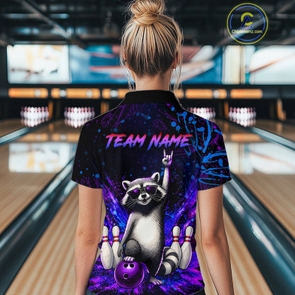 Custom Purple and Blue Funny Raccoon Bowling Shirt for Women Bowling League Jersey Polo & 1/4 Zip QZT1381