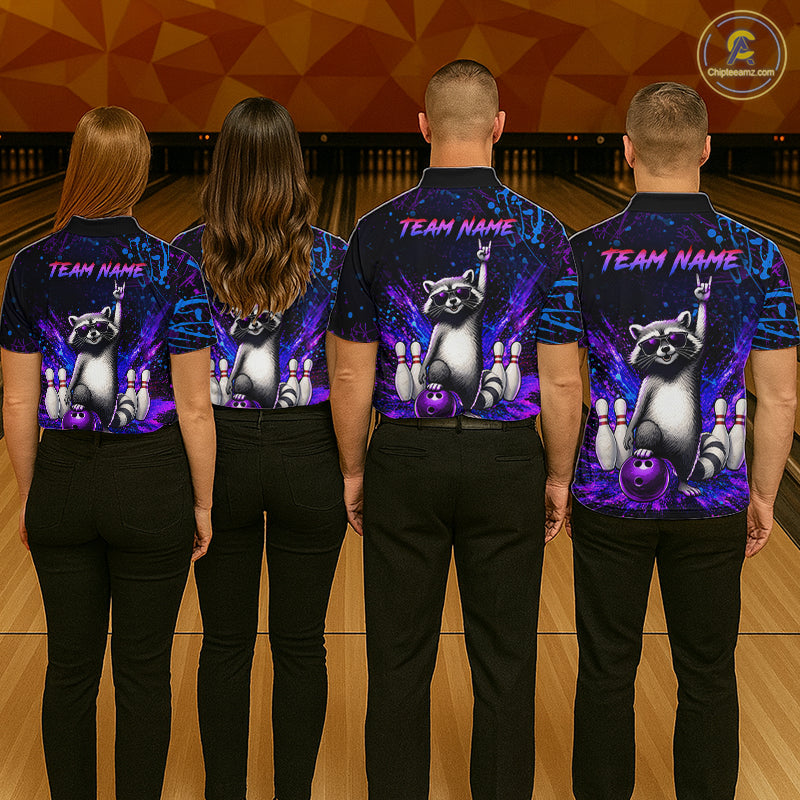 Custom Purple and Blue Funny Raccoon Bowling Shirt for Men Bowling League Jersey Polo & 1/4 Zip QZT1381