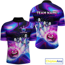 Load image into Gallery viewer, Custom Purple Blue Crazy Bowling Shirt for Men Polo &amp; 1/4-Zip Bowling League Outfit QZT831