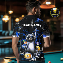 Load image into Gallery viewer, Person wearing a shirt with a raccoon design and 'Team Name' text in a pool hall setting.
