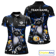 Load image into Gallery viewer, Polo shirt with raccoon design and pool balls, customizable with team name and player name, brand 'Chiptee Amz' visible.