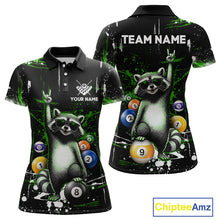 Load image into Gallery viewer, Polo shirt with raccoon design holding pool balls, customizable text, and Chiptee Amz branding.