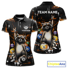 Load image into Gallery viewer, Polo shirt with raccoon design and pool balls, customizable text on a black background.