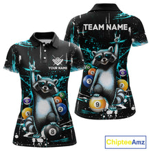 Load image into Gallery viewer, Polo shirt with raccoon design and billiard balls, customizable text on a black background.