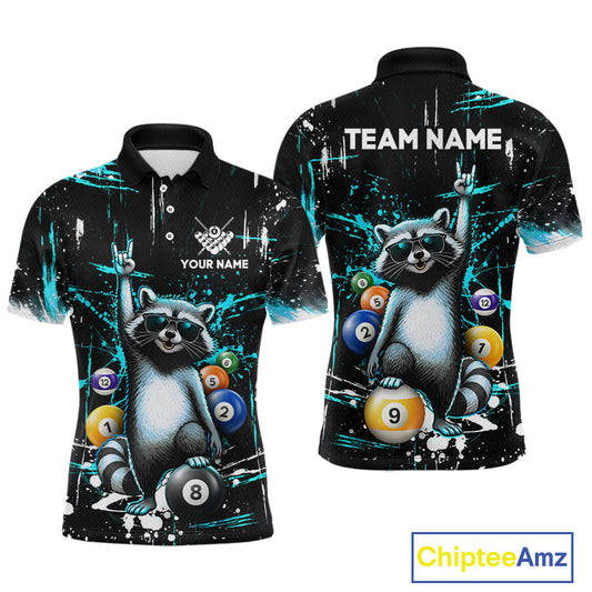Polo shirt with raccoon design and billiard balls, customizable text on a black background.