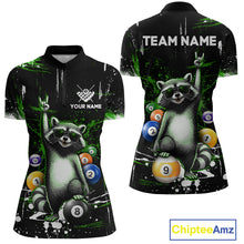 Load image into Gallery viewer, Polo shirt with raccoon design and customizable text on a black background