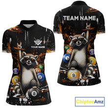 Load image into Gallery viewer, Quarter-zip shirt with raccoon design and customizable text on a black background