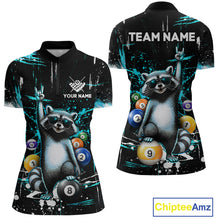 Load image into Gallery viewer, Quarter-zip shirt with raccoon design and customizable text on a black background