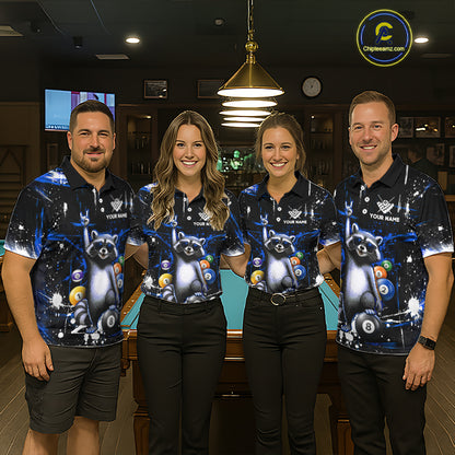 Four people wearing matching shirts with a raccoon design in a bar setting.