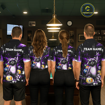 Custom Purple Funny Raccoon Billiard Shirt for Men 8 Ball & 9 Ball Pool Billiard Jersey Polo & 1/4-Zip BHT44