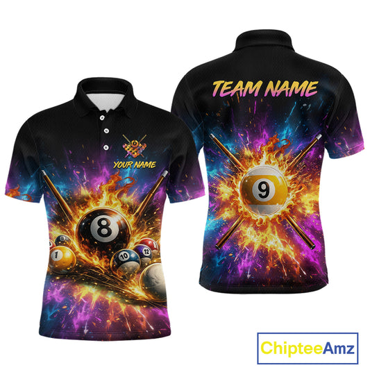 Black polo shirt with colorful pool ball design on a white background, featuring 'Chiptee Amz' branding.