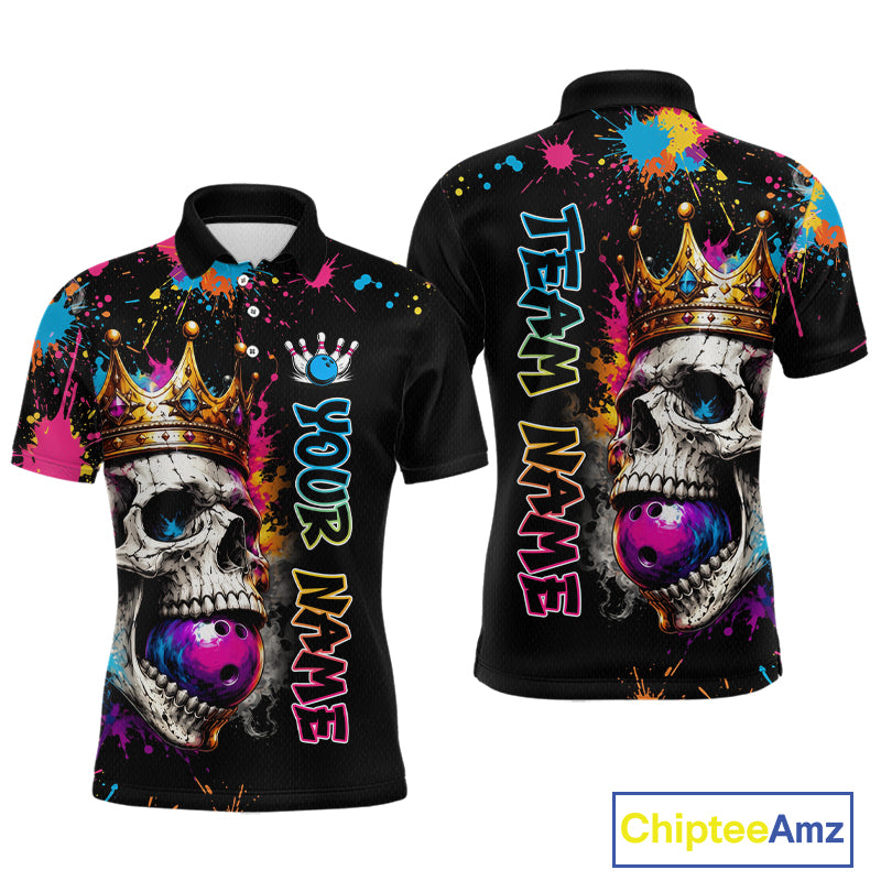 Black polo shirt with colorful skull design and customizable text on a white background