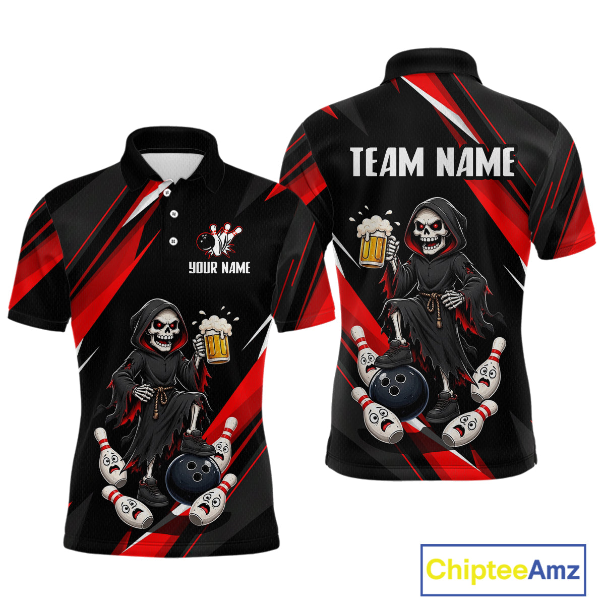 Black & Red Funny Grim Reaper Bowling Jersey Bowling Shirt for Men Polo & 1/4 Zip QZT1243