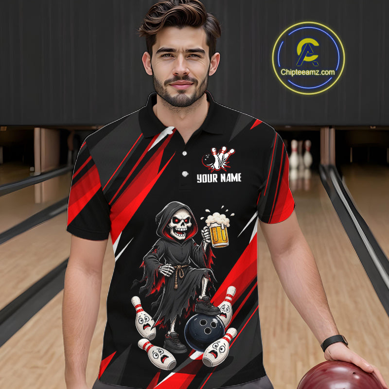 Black & Red Funny Grim Reaper Bowling Jersey Bowling Shirt for Men Polo & 1/4 Zip QZT1243